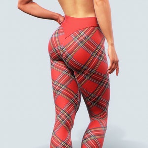 May include: Red and black plaid leggings with a high waist.
