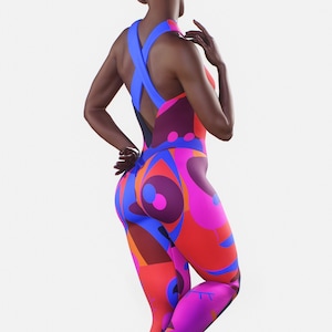 Surrealistic Pattern Bodysuit | Handmade Women Yoga Catsuit Red Blue Purple Activewear Plus Size Unitard Gym Fitness Leotard Sportswear Gear