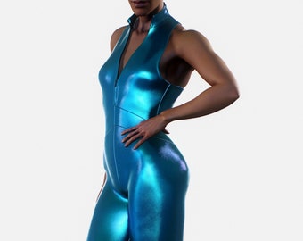 トップス Juemi Scale Tulle Body Suits Blue YgneeDom Women Shiny Metallic Tank Unitards Full Body One