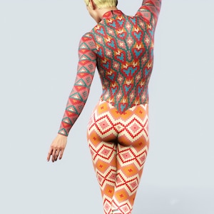 Aztec Festival Unitard | Printed Motives Bodysuit, Full Body Long Sleeves Zipper Catsuit Turtle Neck Rave Pattern Jumpsuit Sports Gym Tights
