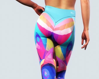 Abstract Art Leggings | Women Illusion Activewear, Shaping Psychedelic Outfit, Colourful Tights, High Waisted Sportswear Slim Fit Booty Lift