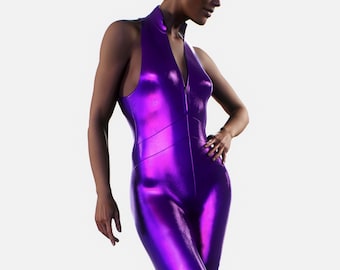 May include: A shiny purple jumpsuit with a zipper in the front. The jumpsuit has a halter neck style and a fitted silhouette.