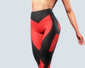 Legging gainant rouge-noir | Pantalons de yoga sculptants Collants de compression Femme Vêtements de sport Vêtements de sport pour femmes Vêtements de sport Entraînements Fitness