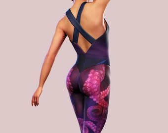 Octopus Bodysuit Purple Women Workout Apparel Fitness Sea Ocean Tentacles Playsuit Cosplay Costume 3D Printed Yoga Catsuit Shaping Sculpting