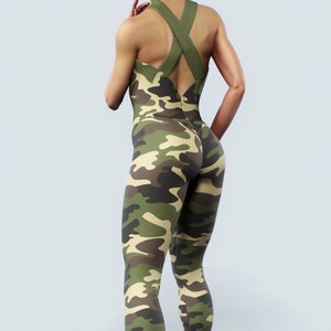 Camo Sports Bodysuit | Military Green Overall Unitard Camouflage Jumpsuit Straps Open Back Gym Fitness SlimFit Sexy Women Plus Size Bodycon