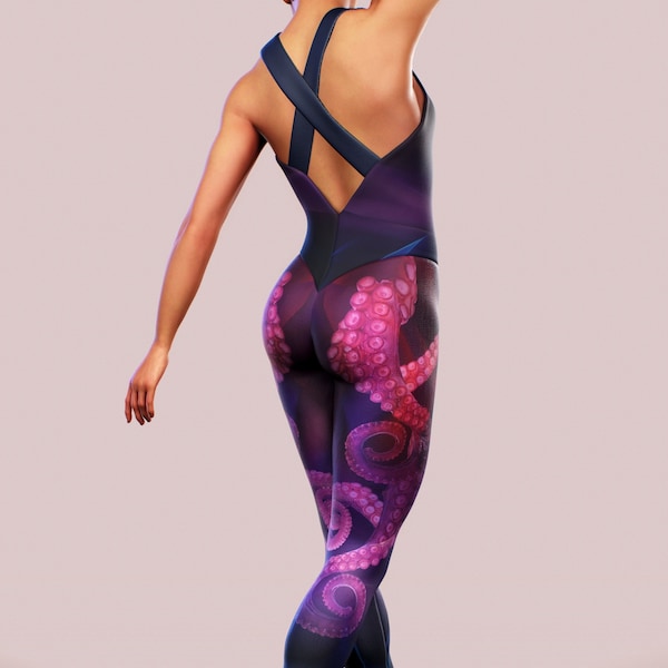 Octopus Bodysuit Purple Women Workout Apparel Fitness Sea Ocean Tentacles Playsuit Cosplay Costume 3D Printed Yoga Catsuit Shaping Sculpting