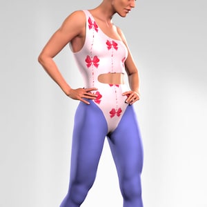 May include: A white bodysuit with red bow detailing and blue leggings. The one-shoulder bodysuit features a waist cut-out and is patterned with red bows. The leggings are a solid blue colour.