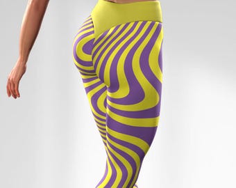 Trippy Op Art Leggings, Purple Yellow Swirl Yoga Pants, Booty Sculpting Tights, Optical Illusion Rave Gym Leggings, Psy Liquid Activewear