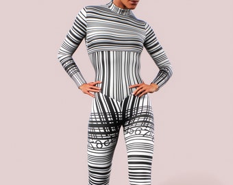 Barcode Illusion Bodysuit Cosplay Costume Lines Black White Stripes Catsuit OnePiece Workout Playsuit Women Activewear Training Gym Jumpsuit