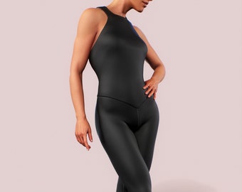 Body negro, mono de entrenamiento, ropa deportiva atlética para mujer, mono moldeador, traje de gato de una pieza, gimnasio de entrenamiento físico delgado