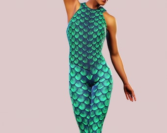 One Piece Mermaid Catsuit Workout Green Bodysuit Dragon Scale Printed Playsuit Dragon Cosplay Costume Mother Of Dragon Women Clothing Gym