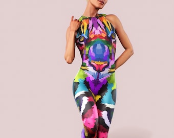 Sleeveless Workout Jumpsuit Tiger Big Cat Bodysuit Printed Open Back Psy Festival Costume Women Gym Clothing Playsuit Athletic Catsuit Fit