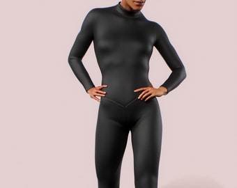 Solid Black Bodysuit Workout Jumpsuit Zipper Turtle Neck Women Clothing Gym Booty Shaping Playsuit Plain Simple Minimalistic Wear