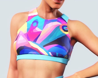 Abstract Art Sports Bra | Support Fitness Workout Activewear Gym Sportswear Women Gear Raceback Straps Bralette Crop Top Outfit Colorful