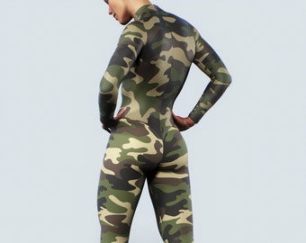 Camo Full Bodysuit | Long-Sleeves Military Unitard Sports Zipper Catsuit Women Fitness Apparel Athletic Gear Gym Playsuit Camouflage Pants