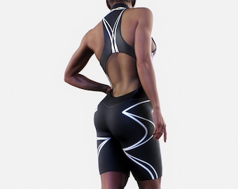 NEW IN Shaping Bodysuit | Workout Black White Stripe Sportswear Women  Activewear Gym Shorts Leggings Sculpting Skinny Elastic Sexy Jumpsuit