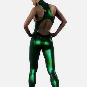 Glossy Green Bodysuit | Wet Look Stretchy Jumpsuit Women Playsuit Open-Back One Piece Catsuit Metallic Shaping Wear Festive Festival Costume