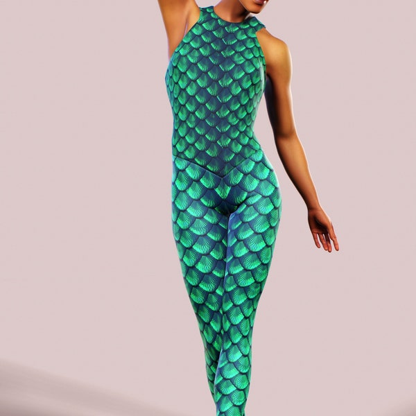 One Piece Mermaid Catsuit Workout Green Bodysuit Dragon Scale Printed Playsuit Dragon Cosplay Costume Mother Of Dragon Women Clothing Gym