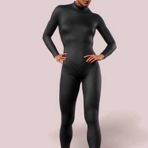 Solid Black Bodysuit Workout Jumpsuit Zipper Turtle Neck Women Clothing Gym Booty Shaping Playsuit Plain Simple Minimalistic Wear