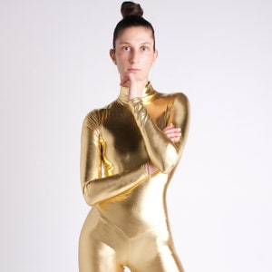 Gold Metallic Bodysuit | Full Body Wet Catsuit Glossy Woman Clothing Playsuit Jumpsuit Shiny Romper Extravagant Shaping Glossy Unitard