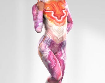 Pink Agate Long Sleeve Catsuit, Crystal Print Jumpsuit, Stretch Skinsuit, Yoga One Piece, Sun Protection Unitard,Sculpting Festival Bodysuit