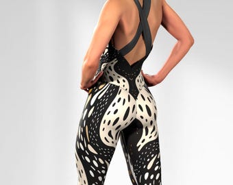 Body com costas abertas, macacão abstrato monocromático, macacão modelador, peça única preta e branca, collant para academia, body para festivais