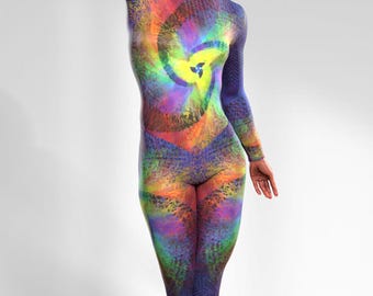 Long Sleeve Psychedelic Catsuit, Shaping Jumpsuit, Aerial Rave Skinsuit, Trippy Psy One Piece, Sculpting Unitard, Cyberpunk Festival Outfit