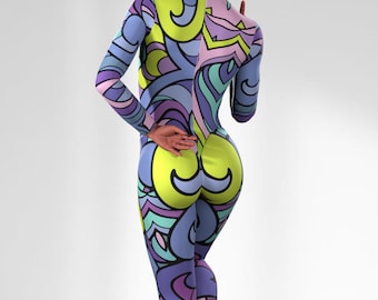 Ganzkörper-Badeanzug UPF 50+ Skinsuit, Damen Sport-Catsuit, Jumpsuit Plus Size Ganzanzug, Sun Bodysuit, Sculpting Blau Lila Trainingsanzug