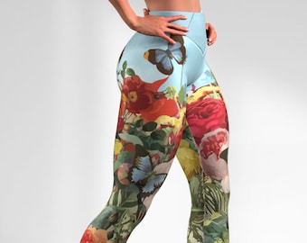 Leggings con estampado floral de mariposas, pantalones de yoga con estampado botánico de rosas, mallas moldeadoras, ropa deportiva para mujer, ropa de gimnasio, ropa deportiva de tallas grandes, entrenamiento con estampado de jardín