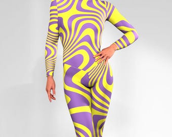 Psychedelic Op Art Catsuit, Neon Yellow Purple Swirl Bodysuit, Rave Skinsuit, Trippy Kinetic One Piece, Sculpting Unitard, Festival Outfit
