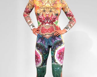 Sequin Print Long Sleeve Catsuit, Shimmering Jumpsuit, Rave Skinsuit, Disco One Piece, Sculpting Shaping Unitard, Sparkle Festival Outfit