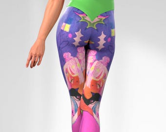 Leggings neón con corte en V, leggings de gimnasio con arte pop psicodélico, pantalones de yoga que moldean los glúteos, mallas de entrenamiento con cintura estilo rave psicodélico, ropa deportiva ciberpunk, festival