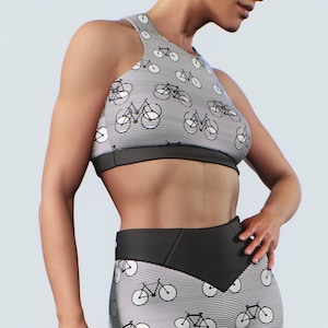 Bike Pattern Sports Bra | White Black Stripes Crop Top Gym Wear Athletic Gear women Sportswear Ladies Activewear Workout Streetwear Gym Slim