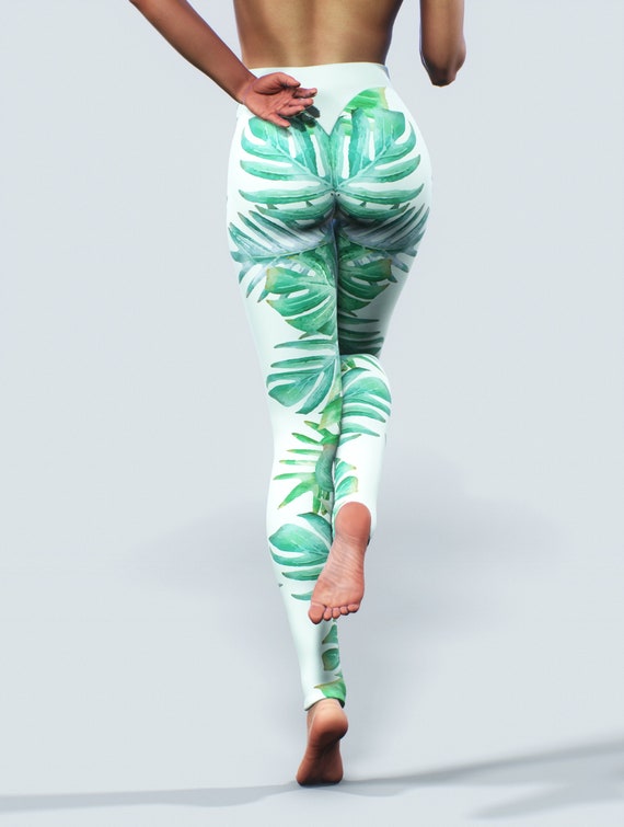 Island Breeze Leggings Palm Leaves Tropical Yoga Pants Green Blue