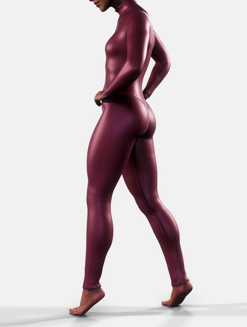 May include: A burgundy-colored, full-body jumpsuit with a high neckline and long sleeves. The form-fitting garment has a smooth, shiny texture and is worn without shoes. The model is walking on a white surface.
