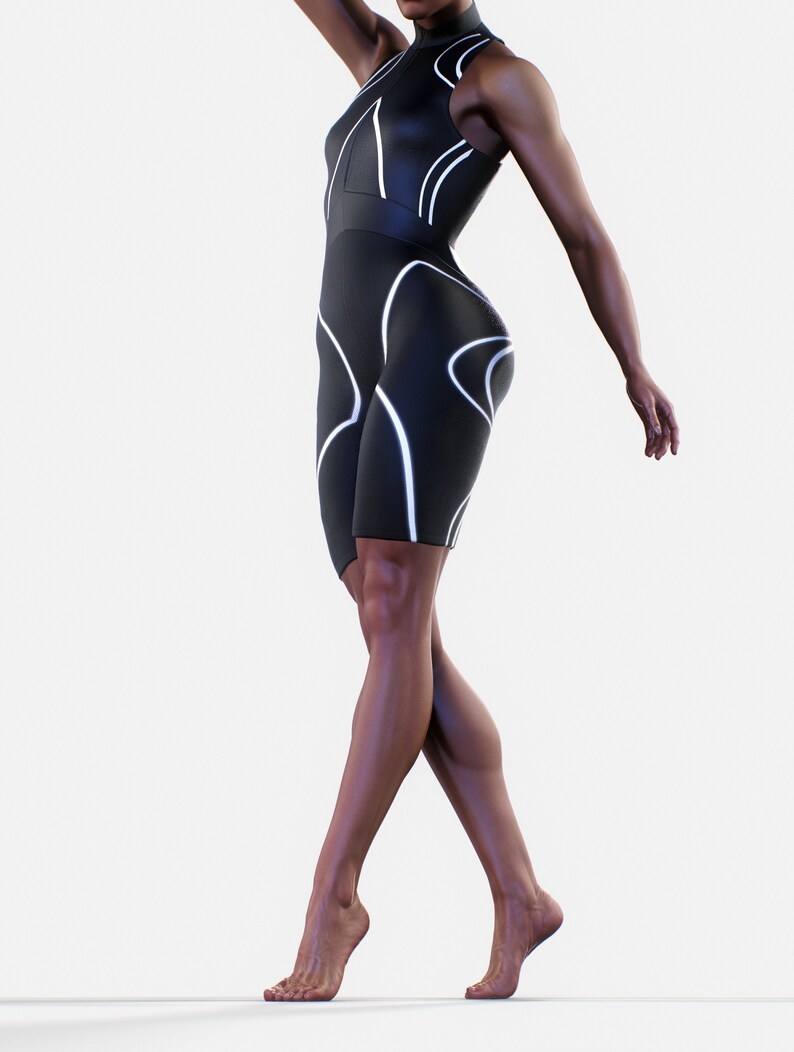 May include: A black one-piece athletic suit with white geometric lines. The suit has a high neckline and sleeveless design.