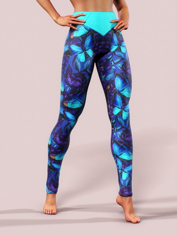 Peony Butterfly Leggings Floral Pattern Peonies Purple Blue Shaping Activewear  Women Yoga Pants Sculpturing Tights Athletic Apparel Workout 