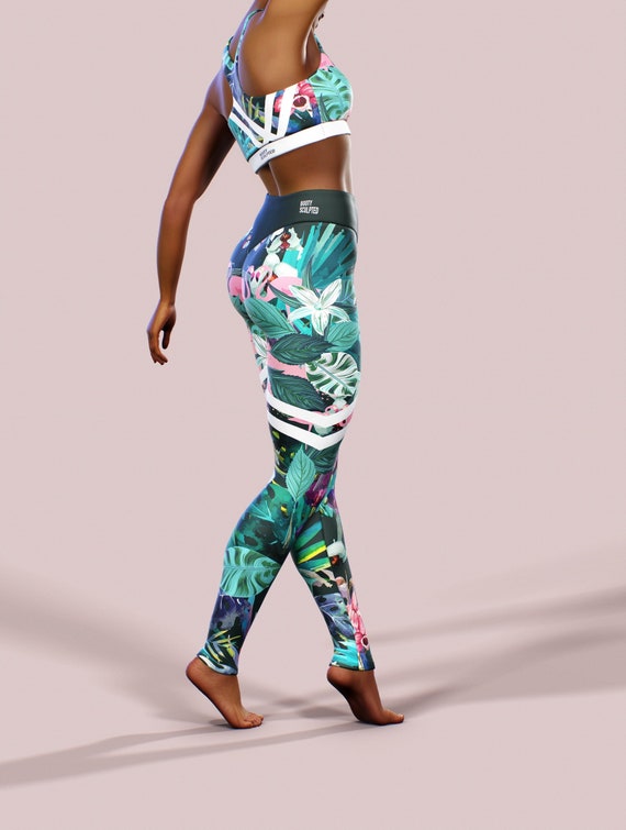 Bahamas Tropical Pattern Leggings Green Printed Woman Flowers