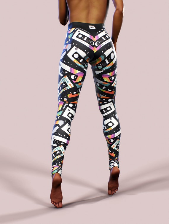 Hipster Cassette Leggings Retro 90s Audio Tape Printed Yoga Pants