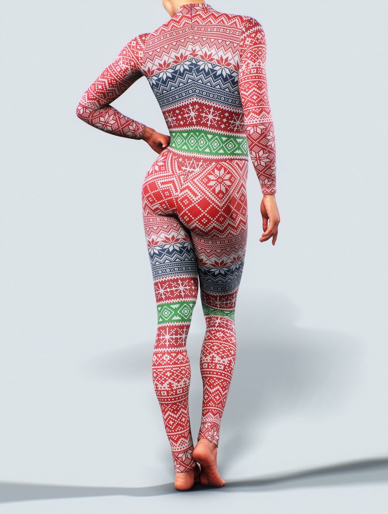 2020 Christmas Unitard Workout Bodysuit Sports Jumpsuit Women Activewear Ladies Zipper Full Body Playsuit Red Xmas Catsuit Gym Snowflake image 6