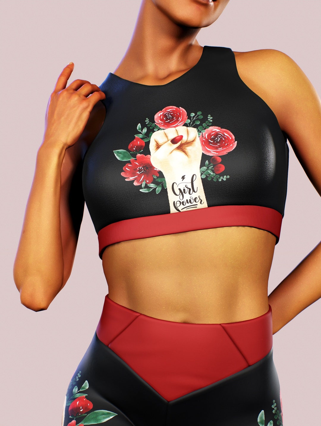 Girls Power Sports Bra Double Hidden Stitches Bralette Workout Sportswear  Women Crop Top Black Printed Empowering Roses Flowers Floral Gym