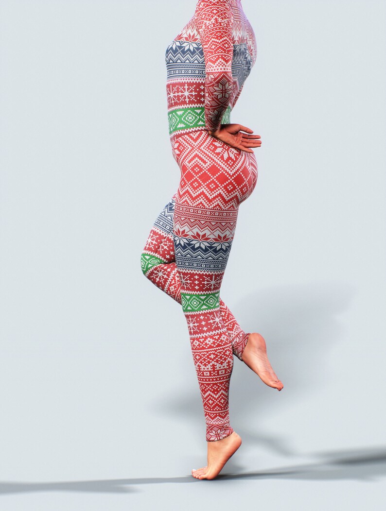 2020 Christmas Unitard Workout Bodysuit Sports Jumpsuit Women Activewear Ladies Zipper Full Body Playsuit Red Xmas Catsuit Gym Snowflake image 4