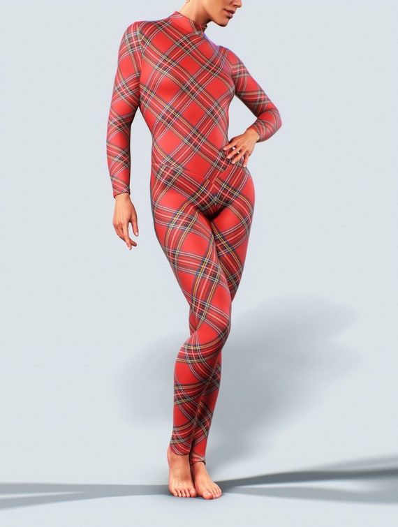 2020 Christmas Zentai Costume Tartan Plaid Xmas Bodysuit Women