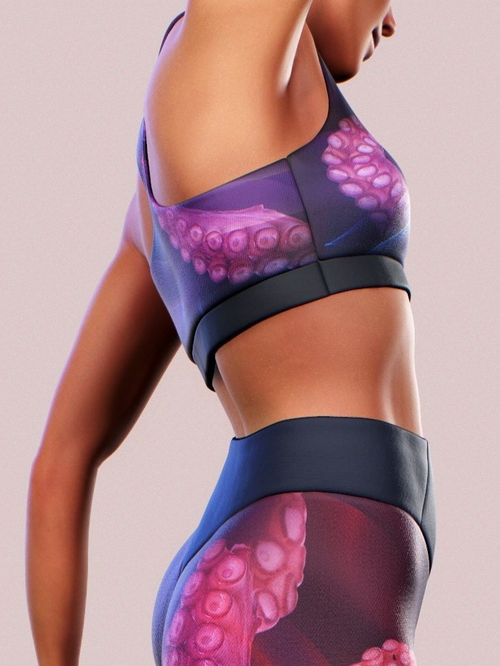 Octopus Purple Sports Bra Women Crop Top Pink Blue Printed Cropped