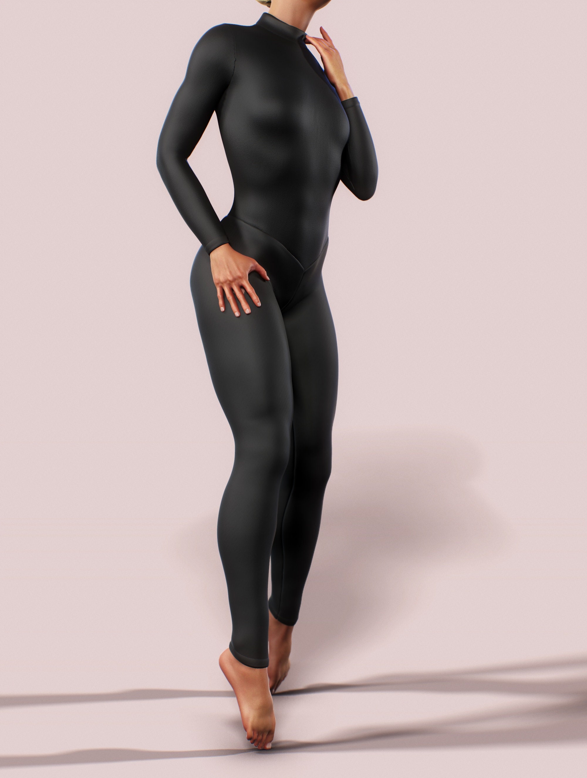 Solid Black Bodysuit Workout Jumpsuit Zipper Turtle Neck Women