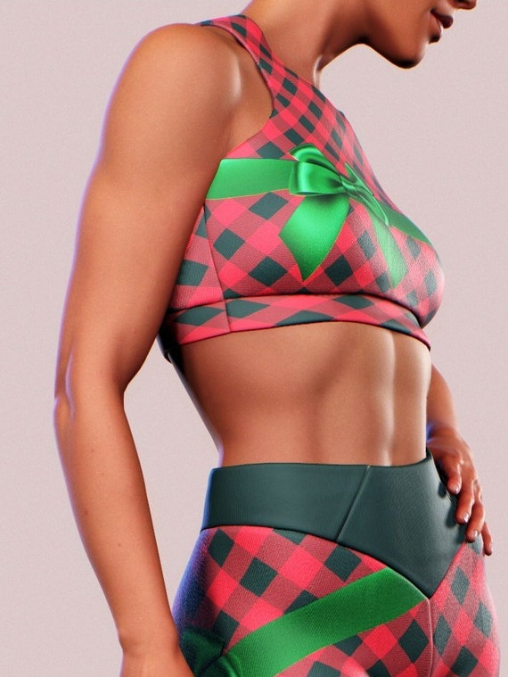 Plaid Christmas Sports Bra Red Ribbon Green Bralette Women