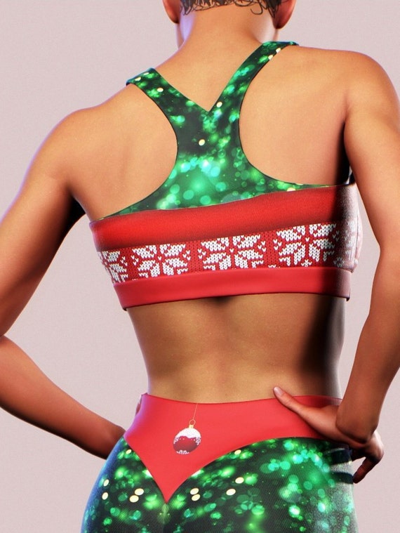 Christmas Happy Sports Bra Shaping Snowflakes Ribbon Sparkle Activewear  Women Sportswear Gym Workout Fitness Bralette Green Red Printed 