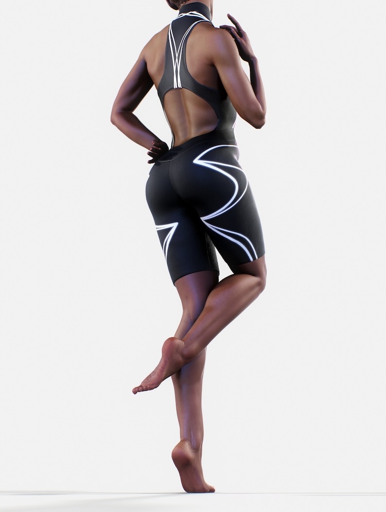 May include: A black and white athletic bodysuit with a high neckline and a cutout back. The bodysuit has a geometric design on the legs.