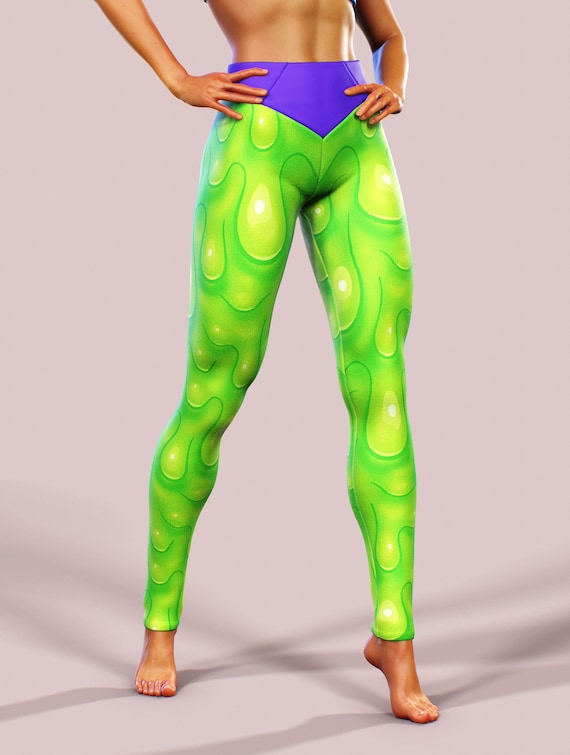 Neon Green Slime Leggings Purple Shaping Belt Printed Yoga Pants