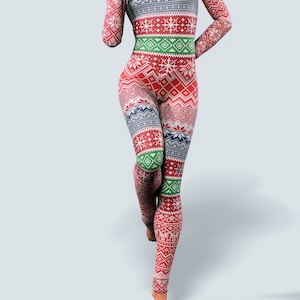 2020 Christmas Unitard Workout Bodysuit Sports Jumpsuit Women Activewear Ladies Zipper Full Body Playsuit Red Xmas Catsuit Gym Snowflake image 5